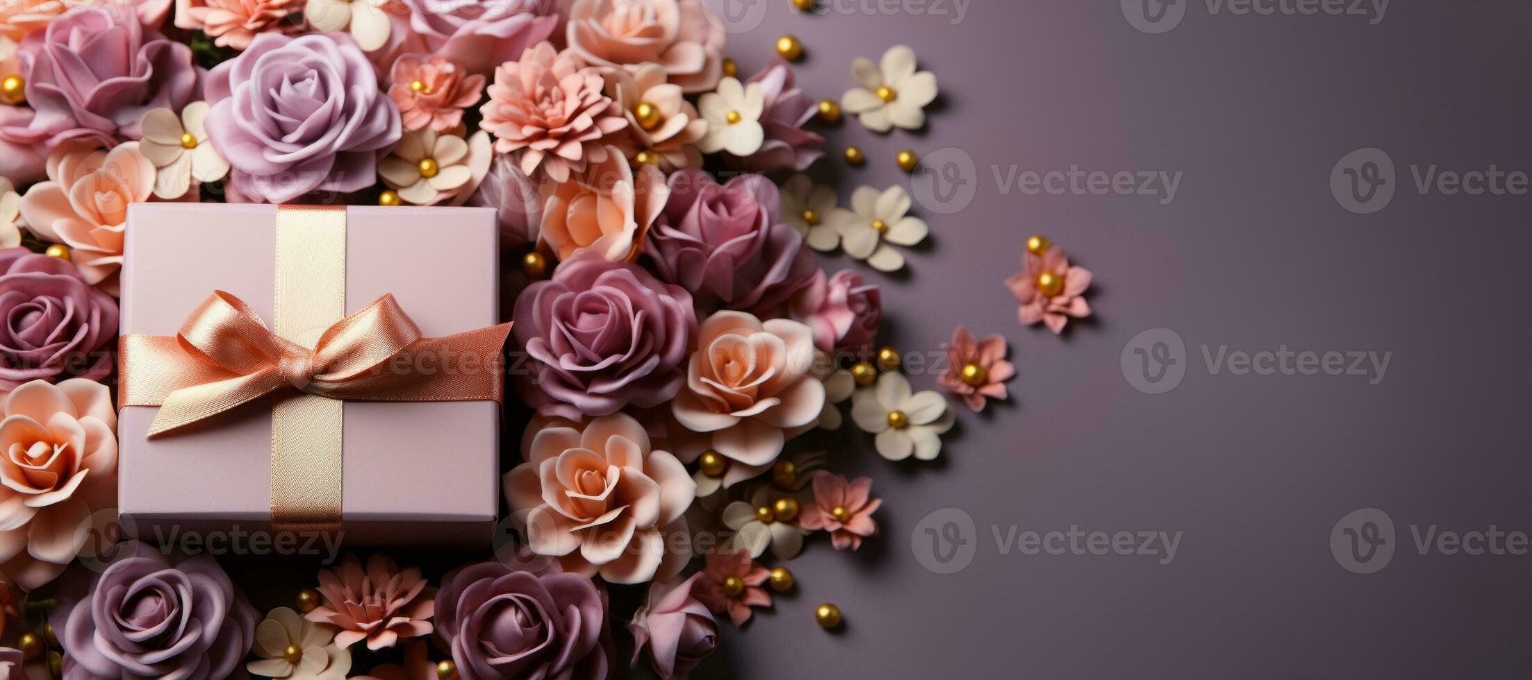 ai generado de san valentin día regalo caja envuelto en oro y rosado papel, metido en un pila de vistoso artificial flores, en contra un pastel degradado antecedentes con Copiar espacio. foto