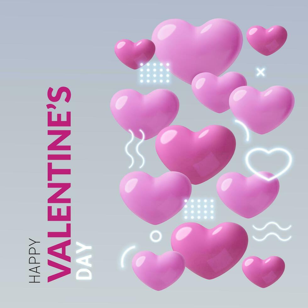 Valentine's Day abstract square card or flyer with 3D realistic pink hearts and neon geometric shape vector