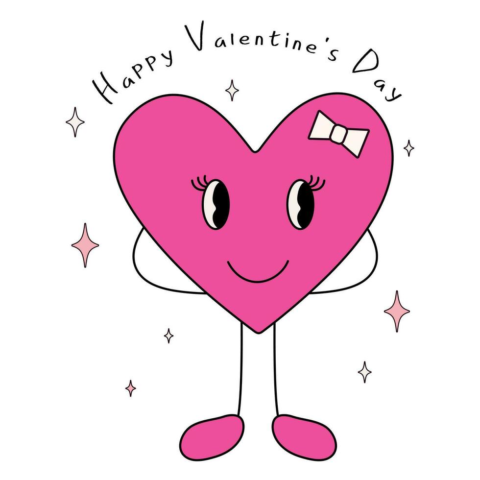 Groovy Retro happy Valentines day in trendy retro 70s cartoon style.Groovy lovely heart in trendy retro 60s cartoon style.Happy Valentines Day.Funky happy lovely heart character.Love concept.Vector vector