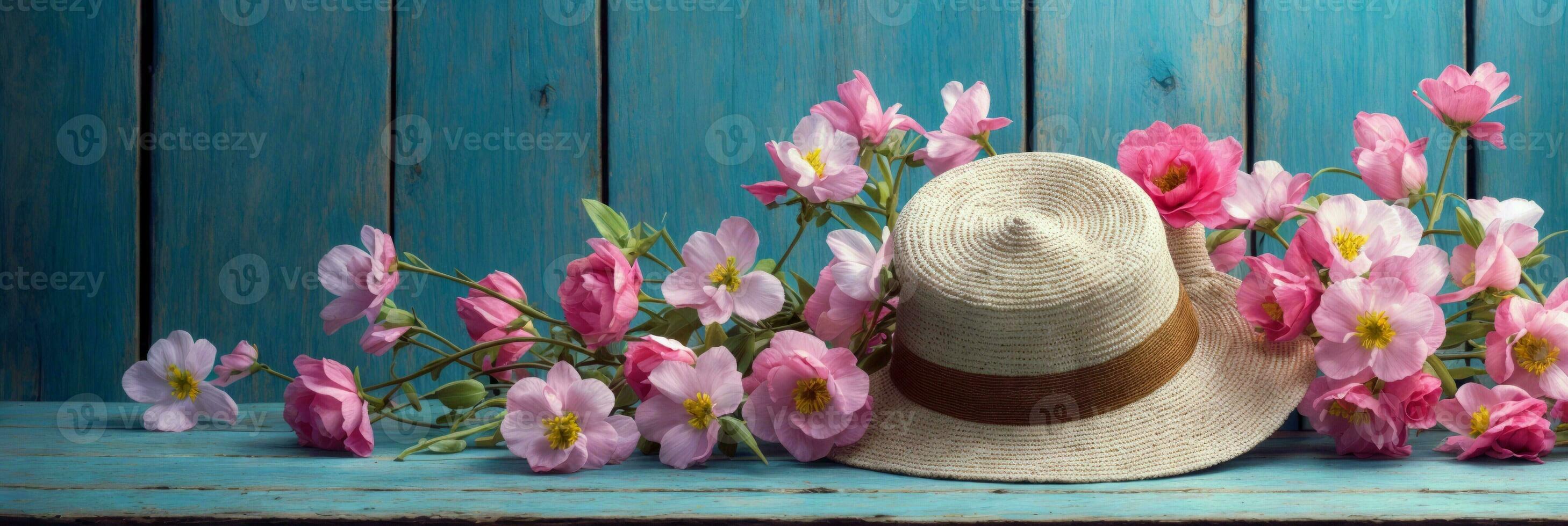 AI generated Straw hat with brown ribbon on bright blue surface. Vibrant bouquet of colorful flowers conveys cheerful summer atmosphere and outdoor joy. Spring and Summer banner concept photo