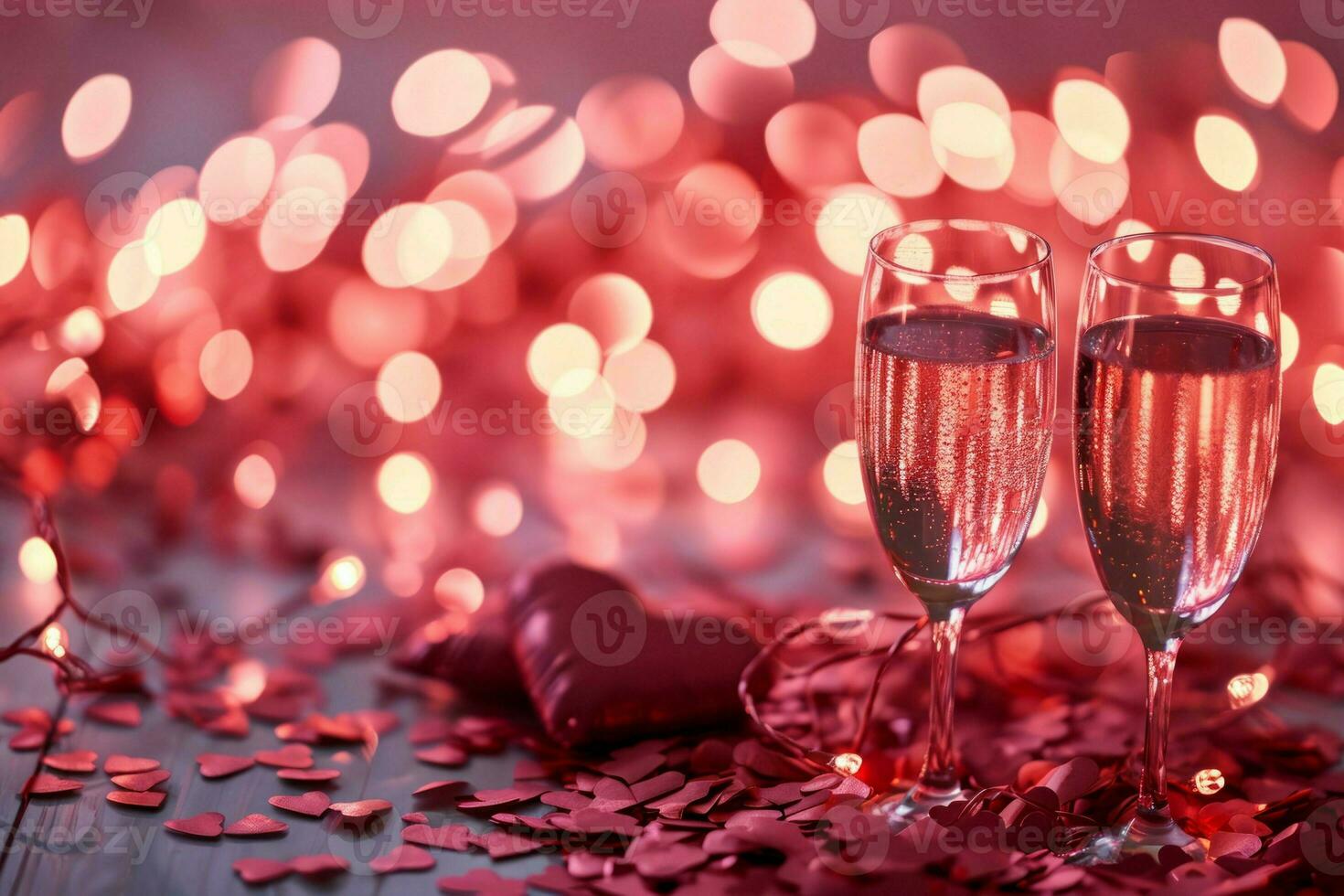 AI generated Charming Valentine's Day background featuring a soft pink and red color scheme with heart-shaped confetti, twinkling fairy lights, and a pair of elegant champagne glasses photo