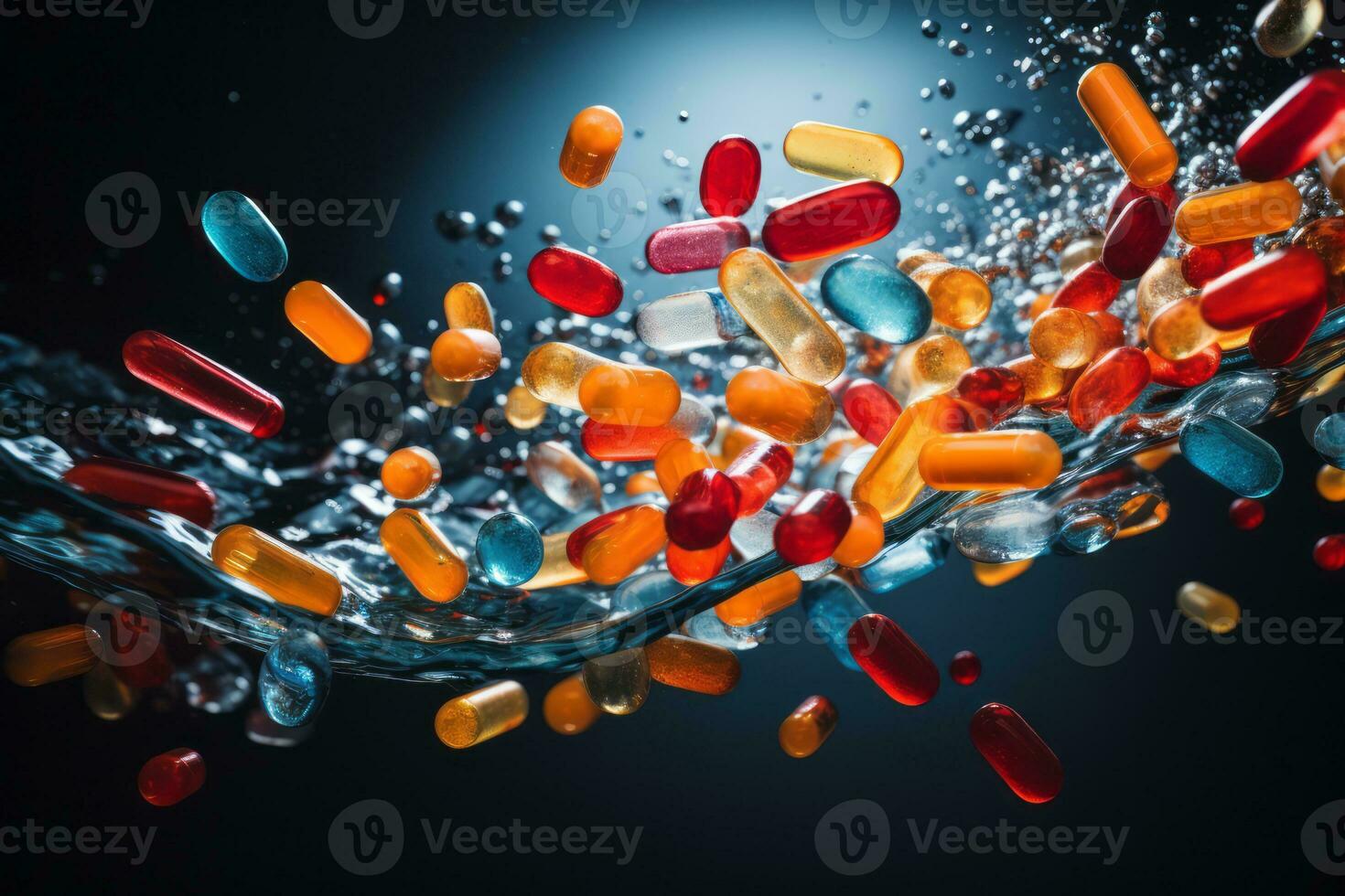 AI generated Abstract image of pills and capsules in mid-air, creating a sense of chaos and dynamism, vivid colors against a dark, moody background photo