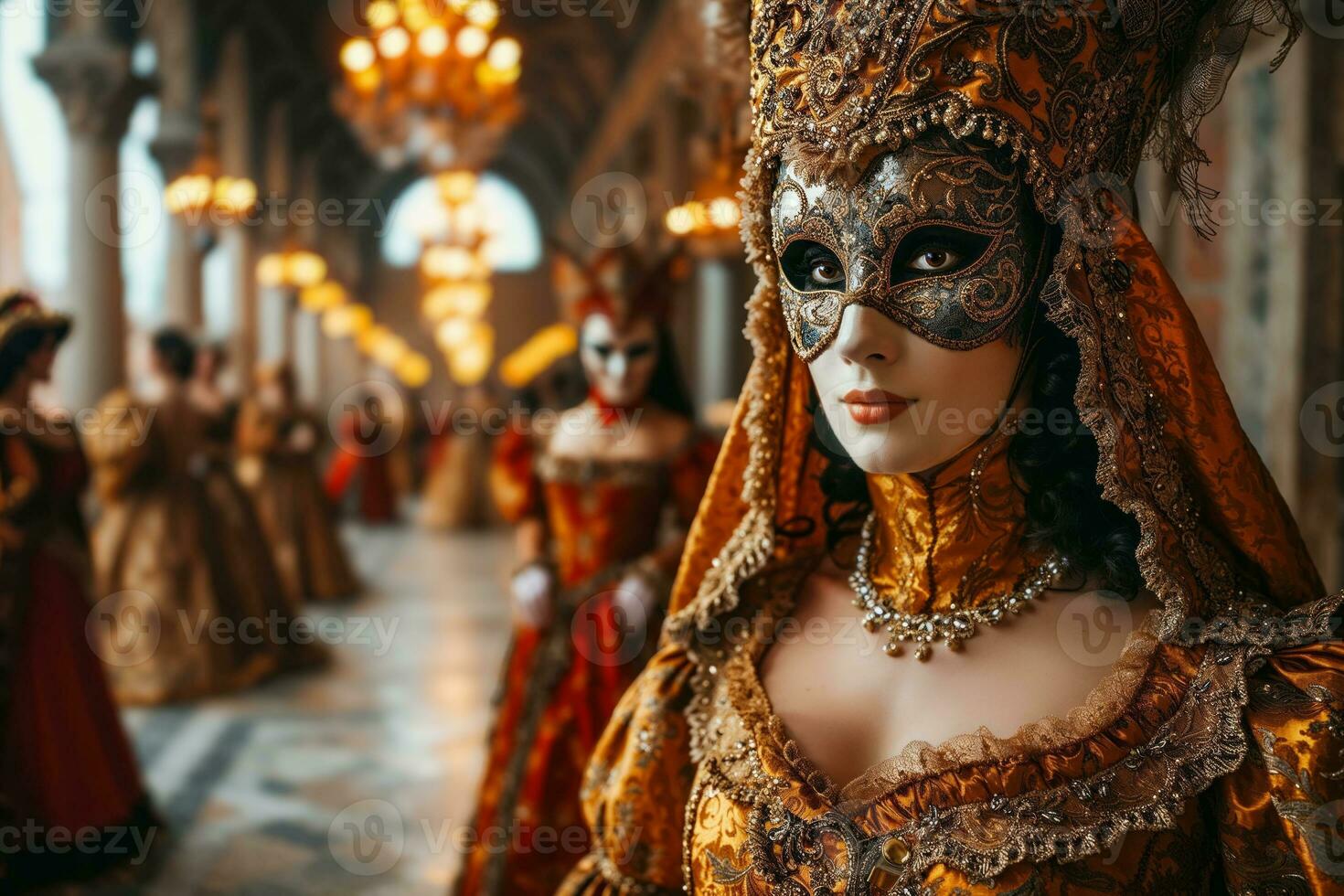 AI generated An elegant masquerade ball during the Venetian Carnival, dancers in exquisite period costumes and intricate masks, opulent ballroom setting with chandeliers and marble floors photo