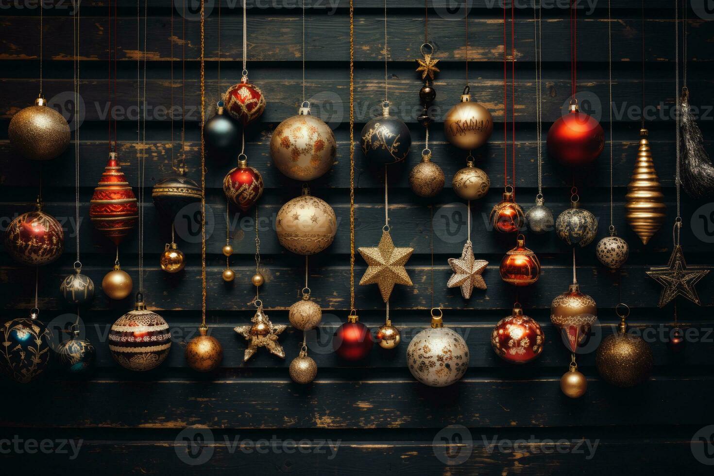 AI generated A collection of vintage Christmas ornaments, such as glass baubles, stars, and tinsel, arranged artistically against a rustic wooden background. photo