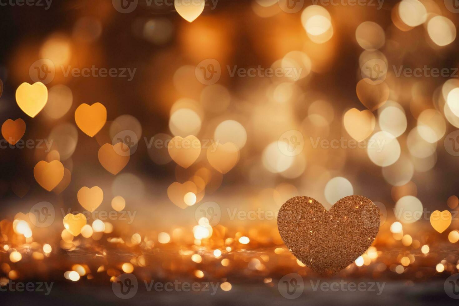 AI generated Valentine's Day background theme. A dreamy background image of heart-shaped bokeh lights in warm tones. The lights create a soft atmosphere. photo