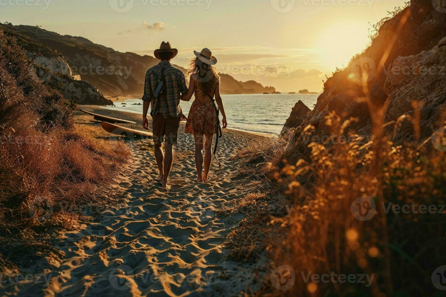 AI generated A young couple dressed in bohemian beach wear, embracing on a sandy beach, evoking a sense of summer love. photo