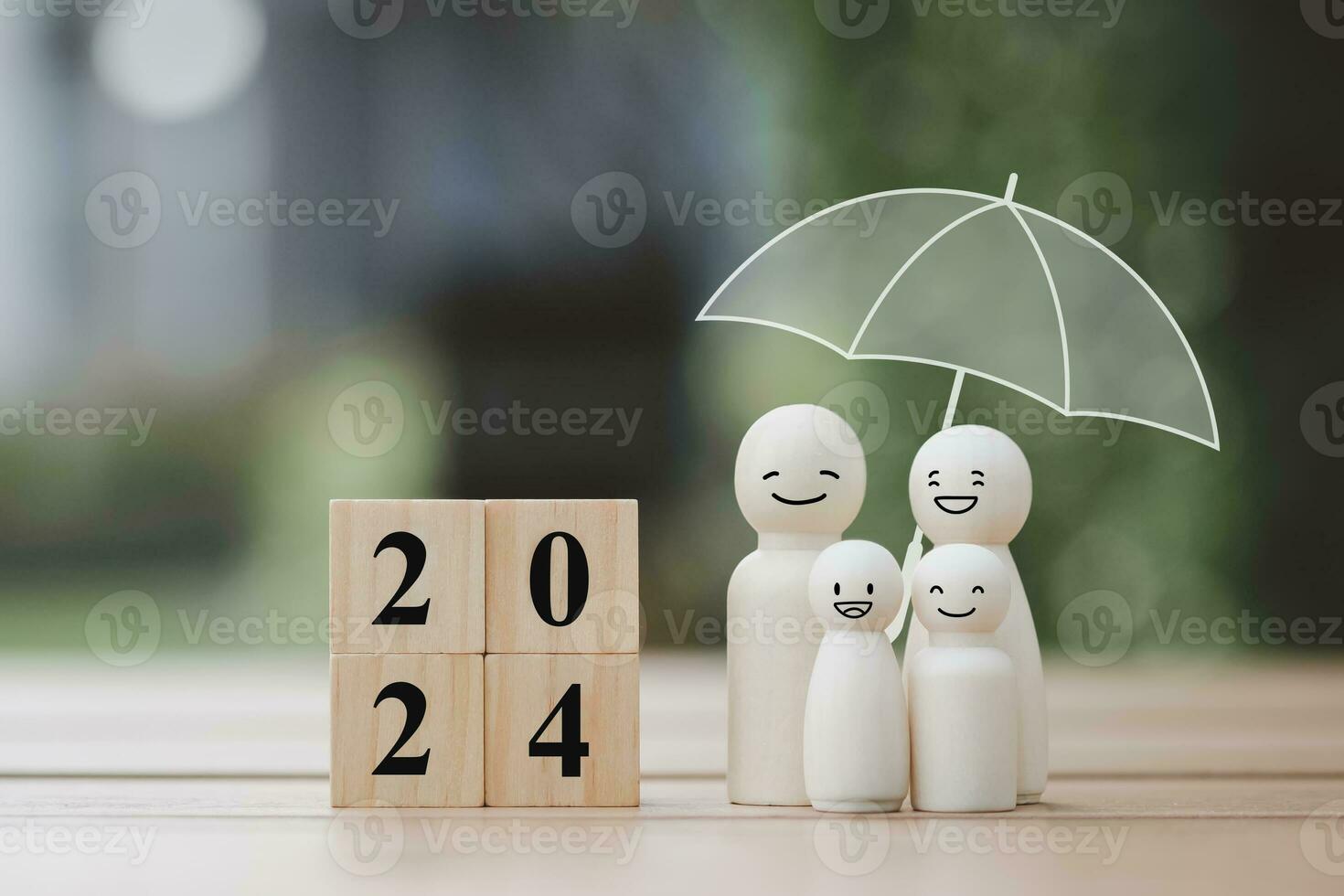 2024 Happy New Year. Budget planning, Life assurance, Plan for Protection against a possible eventuality. Family with smiling face and umbrella symbol of security or insurance with block number 2024. photo