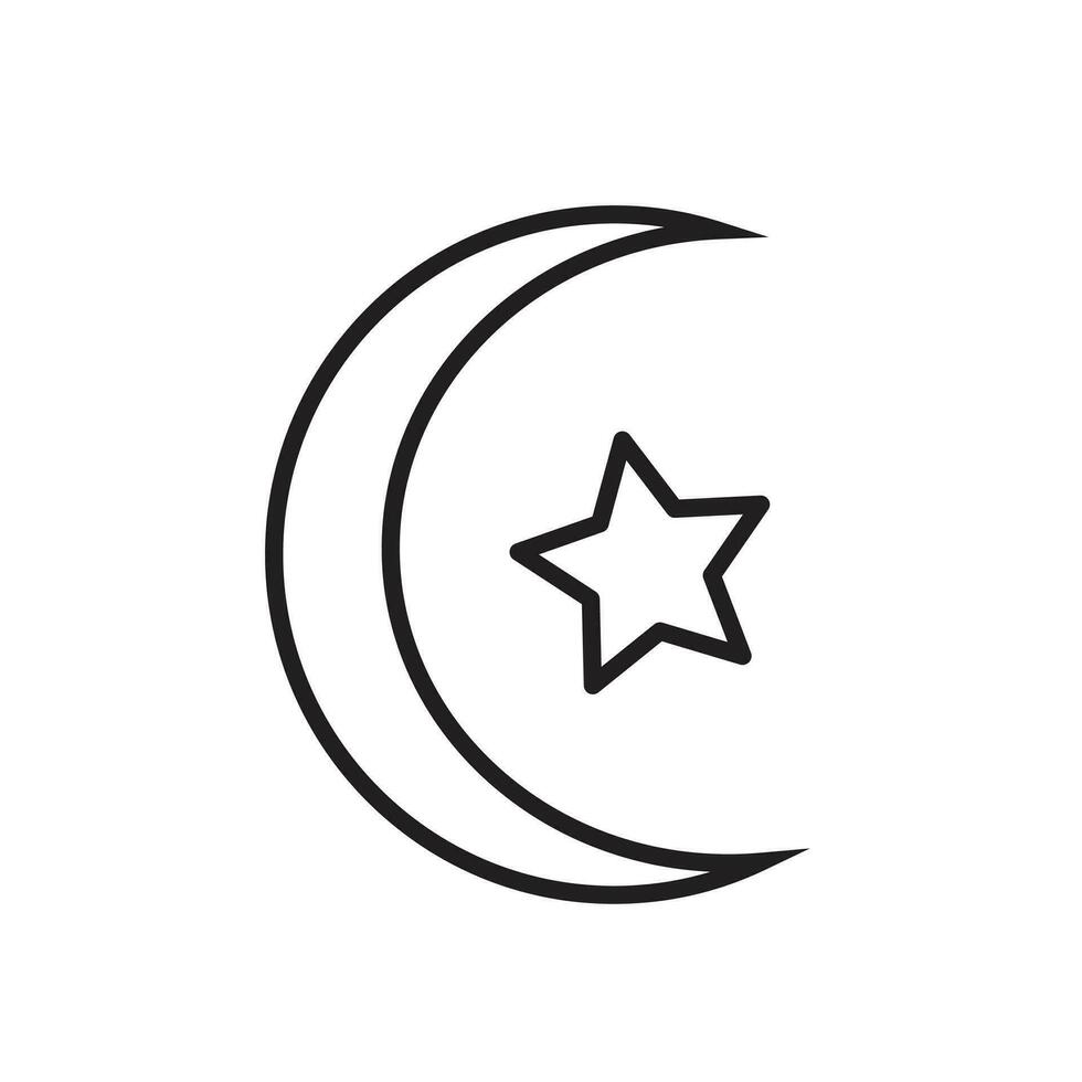 Moon and star islamic icon vector illustration outline isolated on square white background. Simple flat black and white monochrome minimalist cartoon art styled drawing.