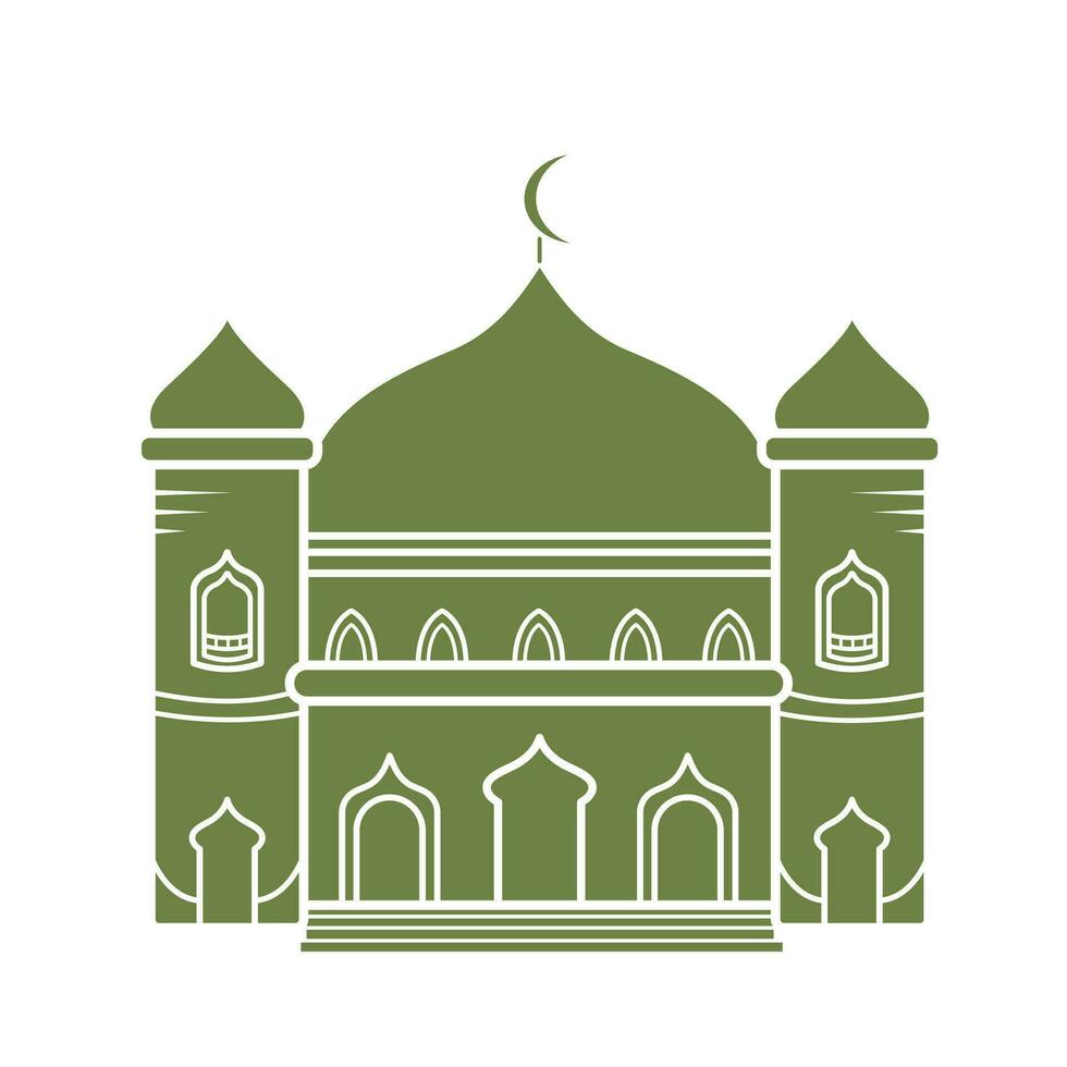 mezquita o masjid edificio icono con Luna en el techo vector ilustración sombra silueta aislado en cuadrado blanco antecedentes. sencillo plano minimalista dibujos animados Arte estilizado dibujo.