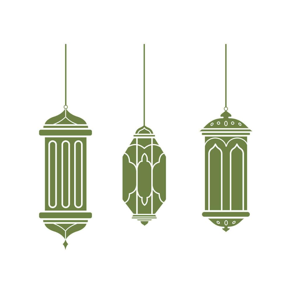 Three Islamic lanterns vector icon set collection illustration shadow silhouette isolated on square white background. Simple flat minimalist cartoon art styled drawing.