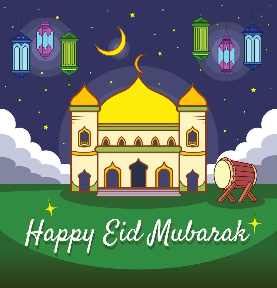 contento eid Mubarak saludo vector ilustración con vistoso linternas póster o bandera diseño aislado en oscuro noche cielo con Luna y nubes decoraciones sencillo plano resumido dibujos animados estilizado dibujo.