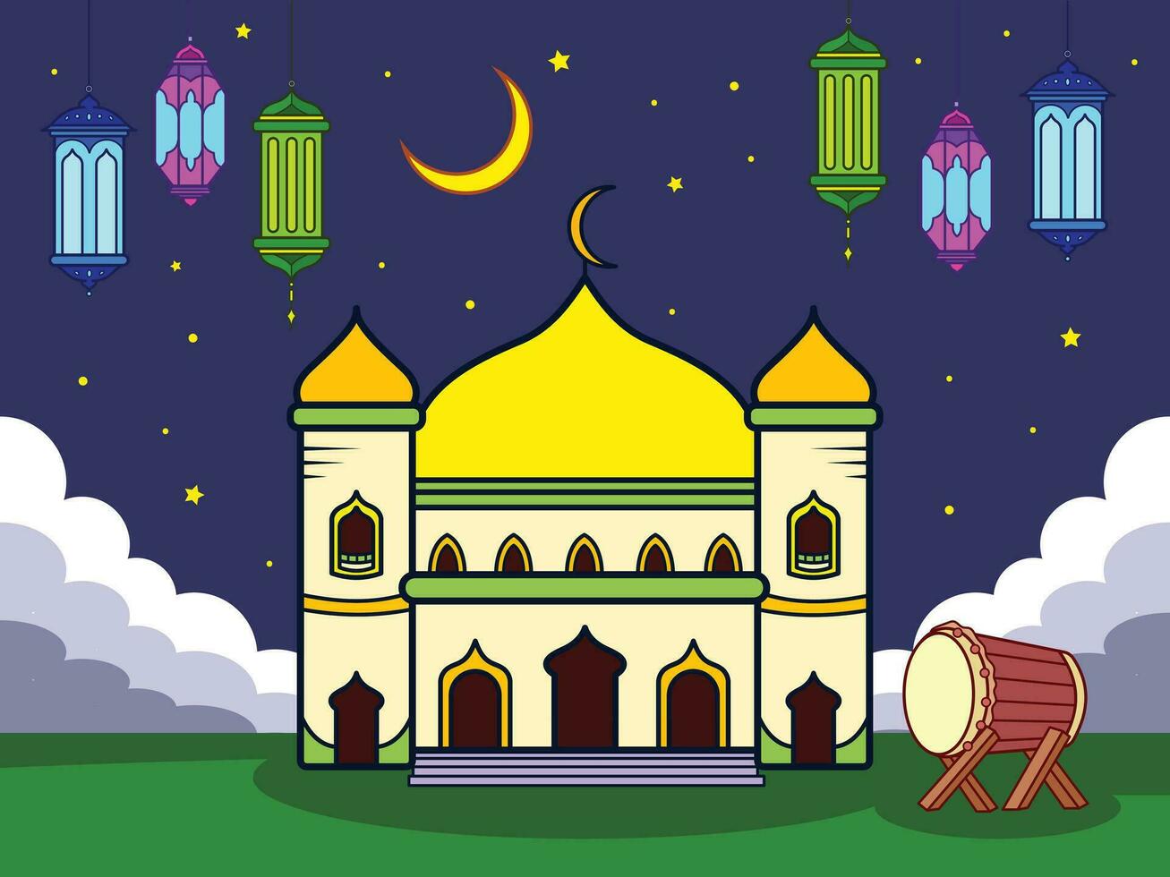 Outlined mosque islamic masjid ramadhan themed with night sky landscape vector illustration. Mosque or masjid, lanterns, moon, beduk drawing. Simple flat outlined cartoon styled drawing.