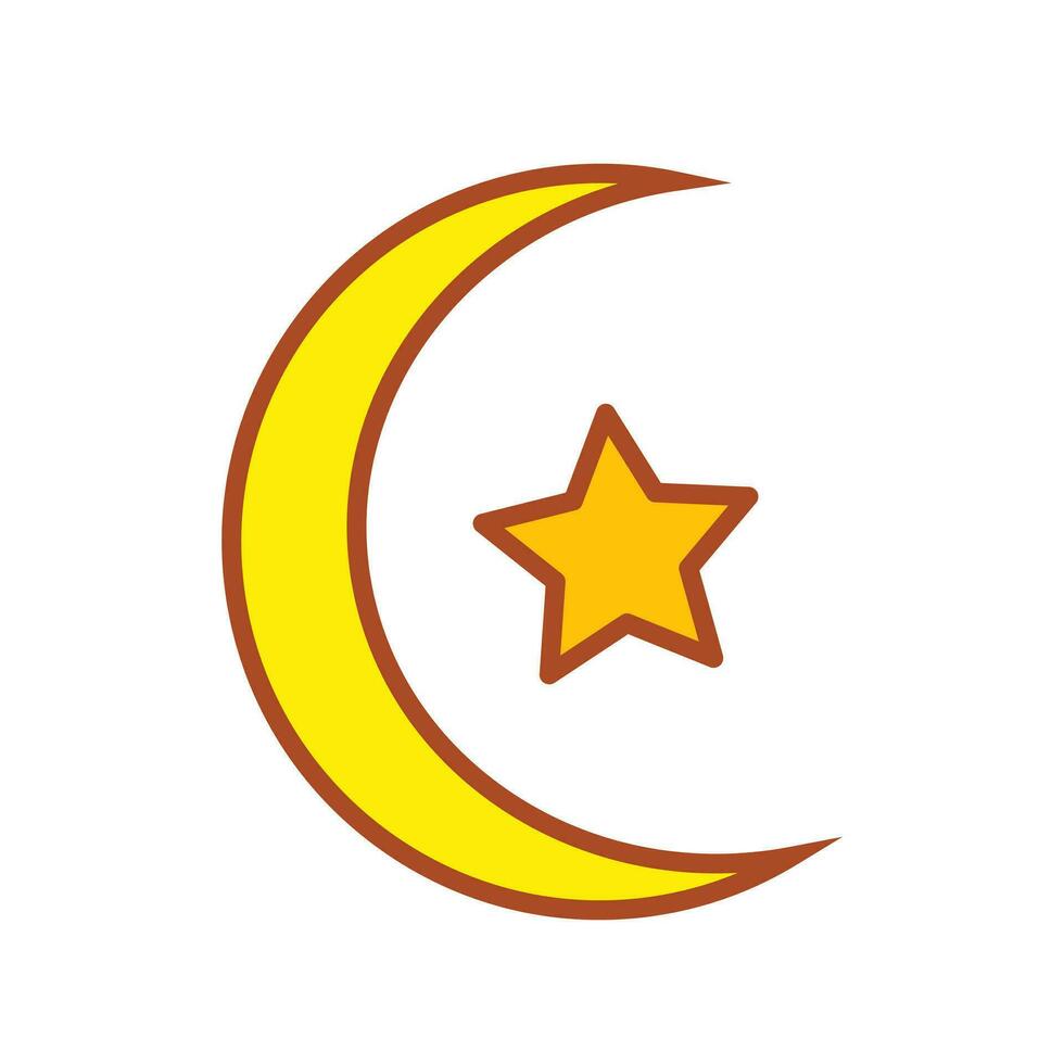 Moon and star islamic yellow and orange colored icon vector illustration outlined isolated on square white background. Simple flat minimalist cartoon art styled drawing.