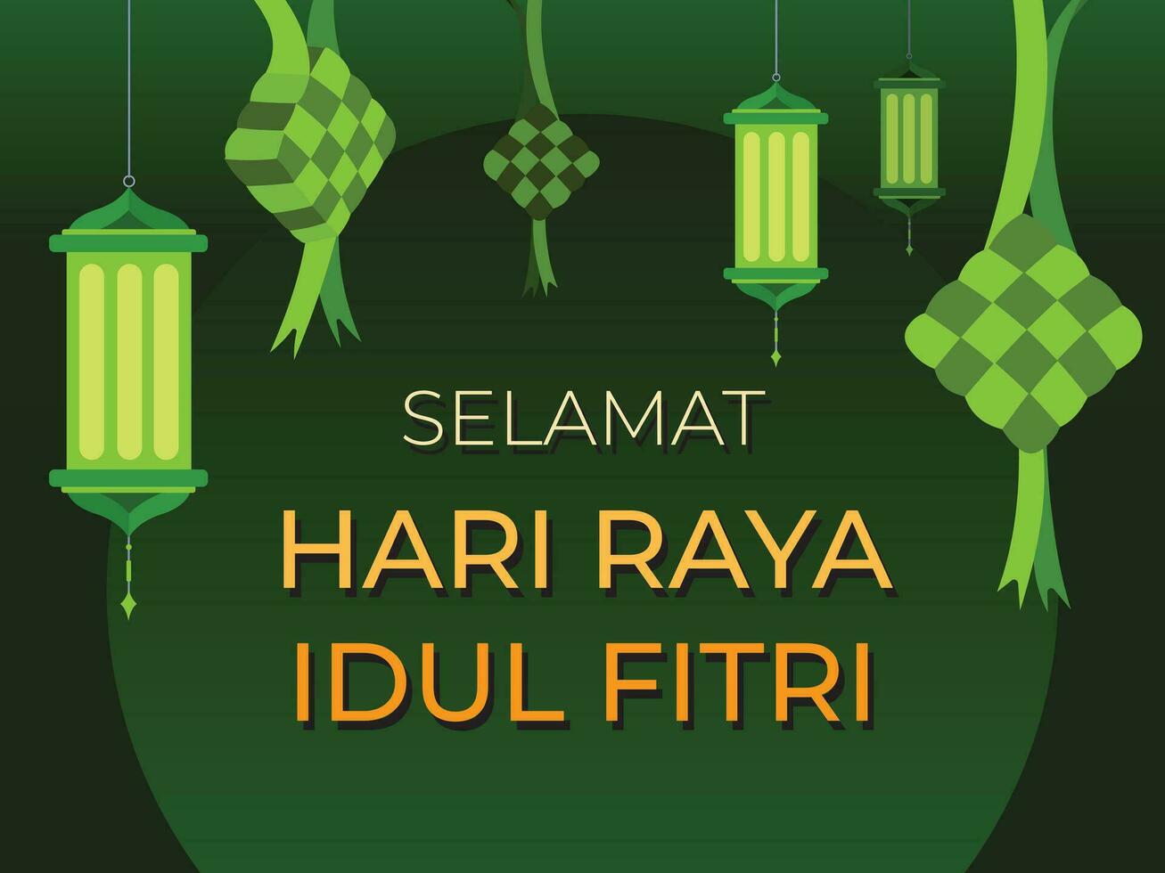 Islamic eid mubarak ramadhan kareem template with ketupat lebaran and lanterns themed green vector illustration horizontal background. Selamat hari raya idul fitri indonesia style.