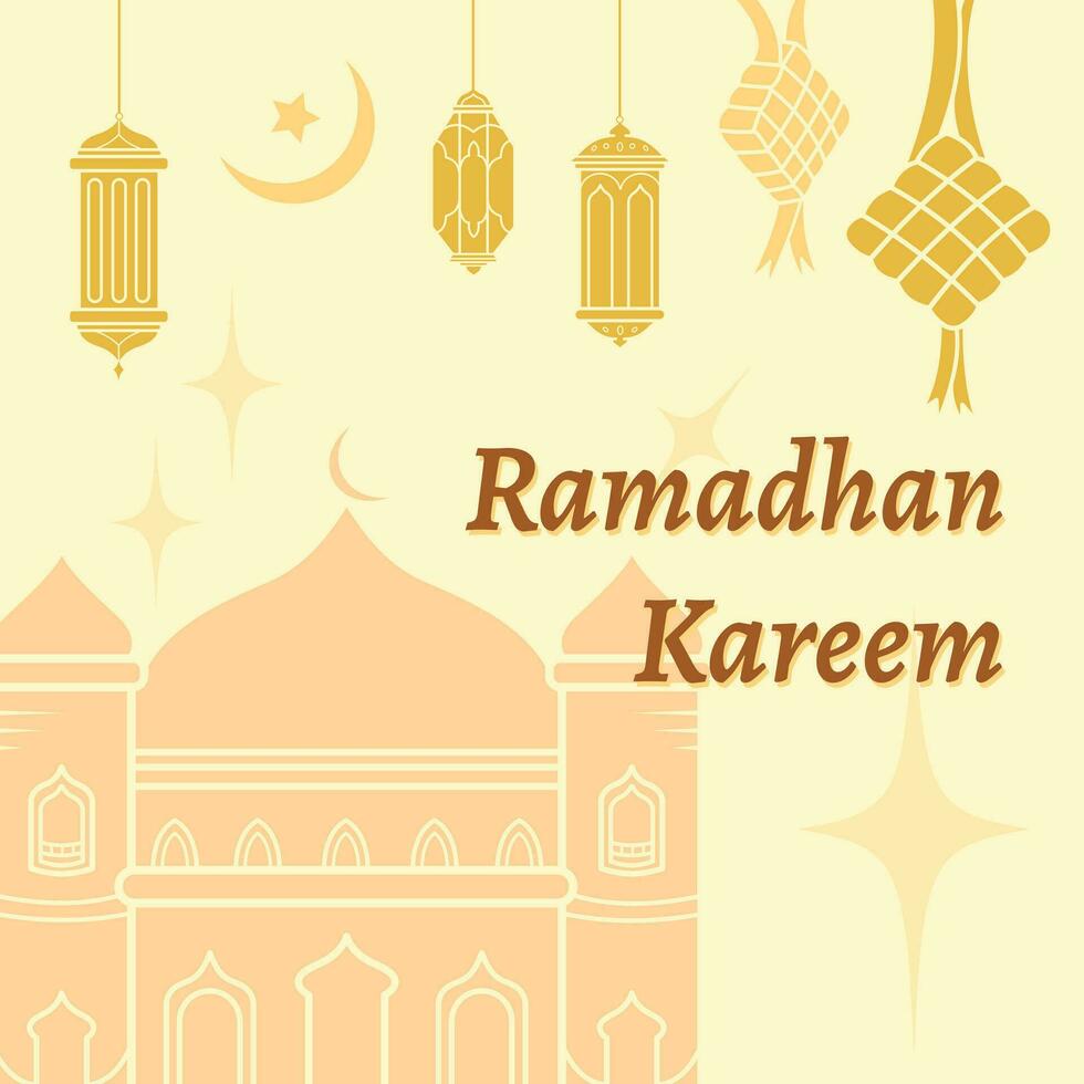 amarillento beige ligero marrón de colores ramadhan kareem póster diseño vector ilustración silueta aislado con texto saludo.