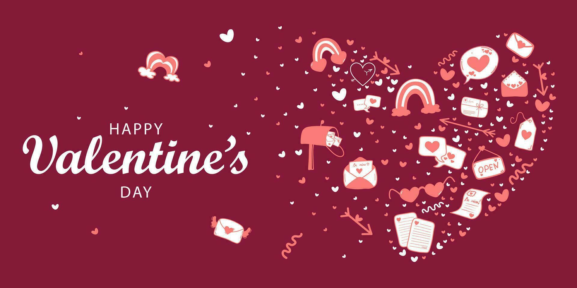 Happy Valentine's Day web banner on a pink background with different elements flying around the inscription, with a place for your text. vector