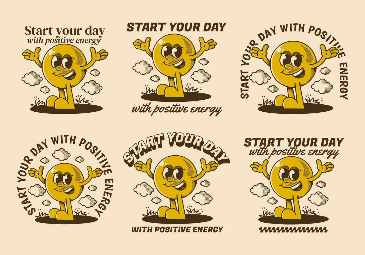 Start your day with positive energy. Ball head character with hands up and happy expression vector