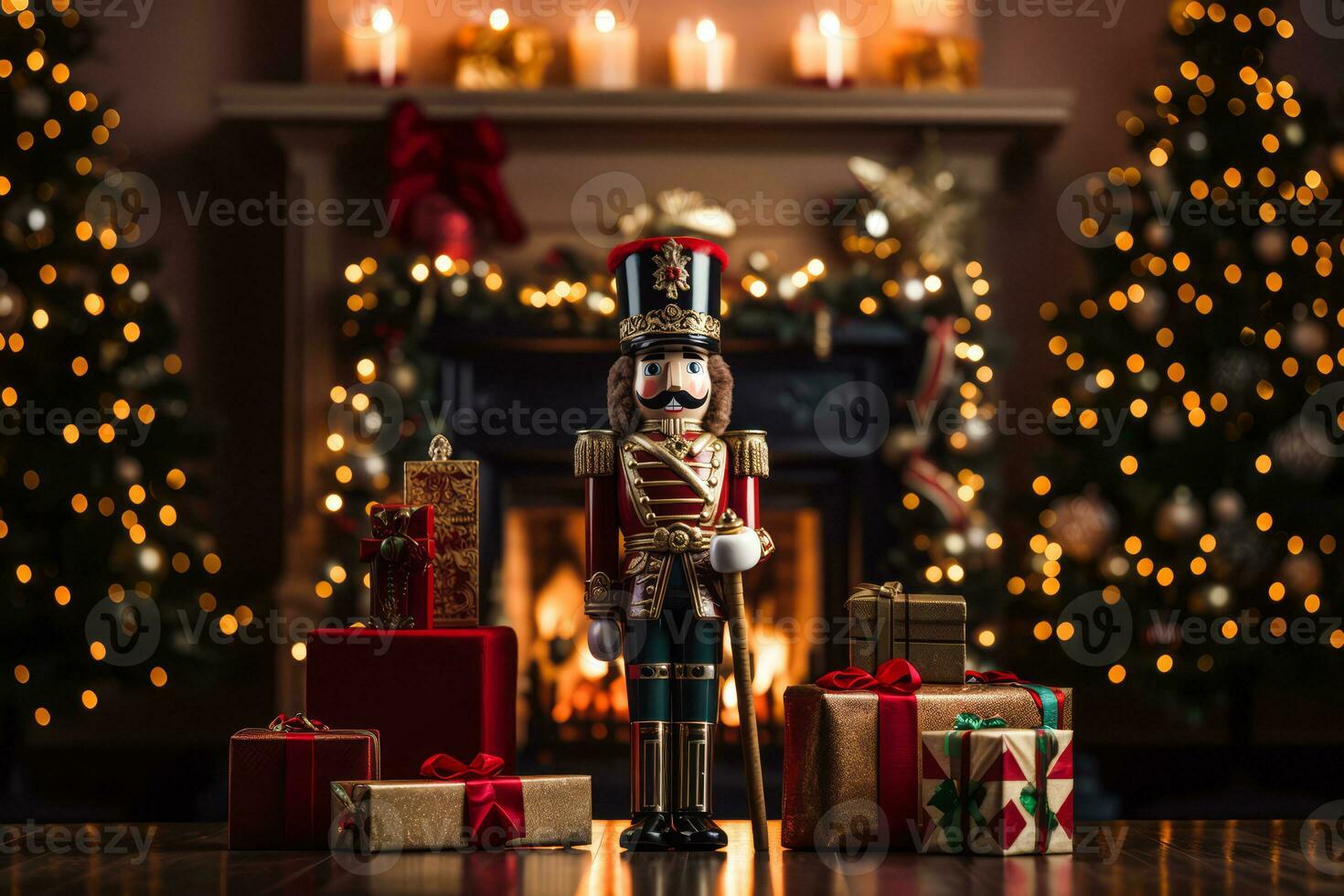 AI generated Classic Nutcracker soldier in full regalia, standing against a backdrop of Christmas decorations. photo