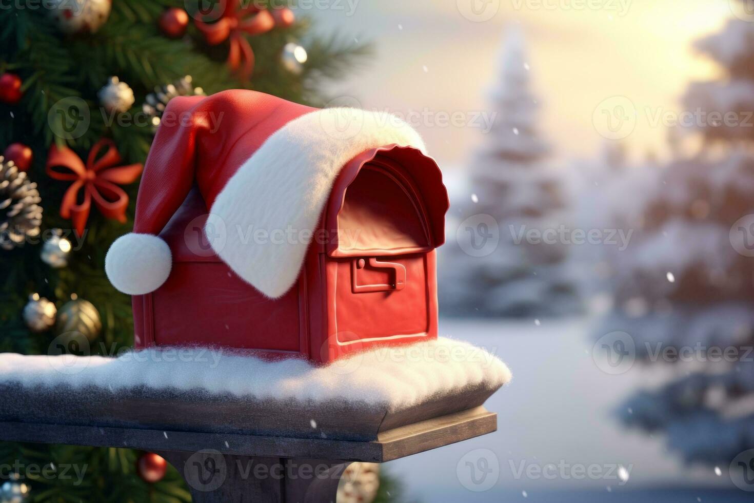 AI generated A mailbox with a Santa hat perched on top, symbolizing the holiday season and the anticipation of receiving packages and greetings. photo