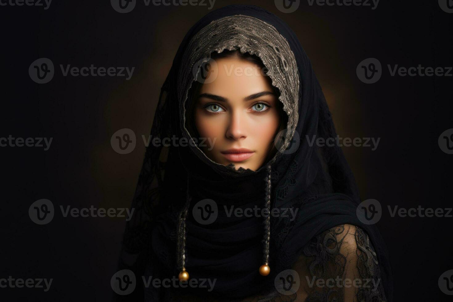 AI generated A Muslim woman wearing traditional hijab headscarf clothing on dark background. photo