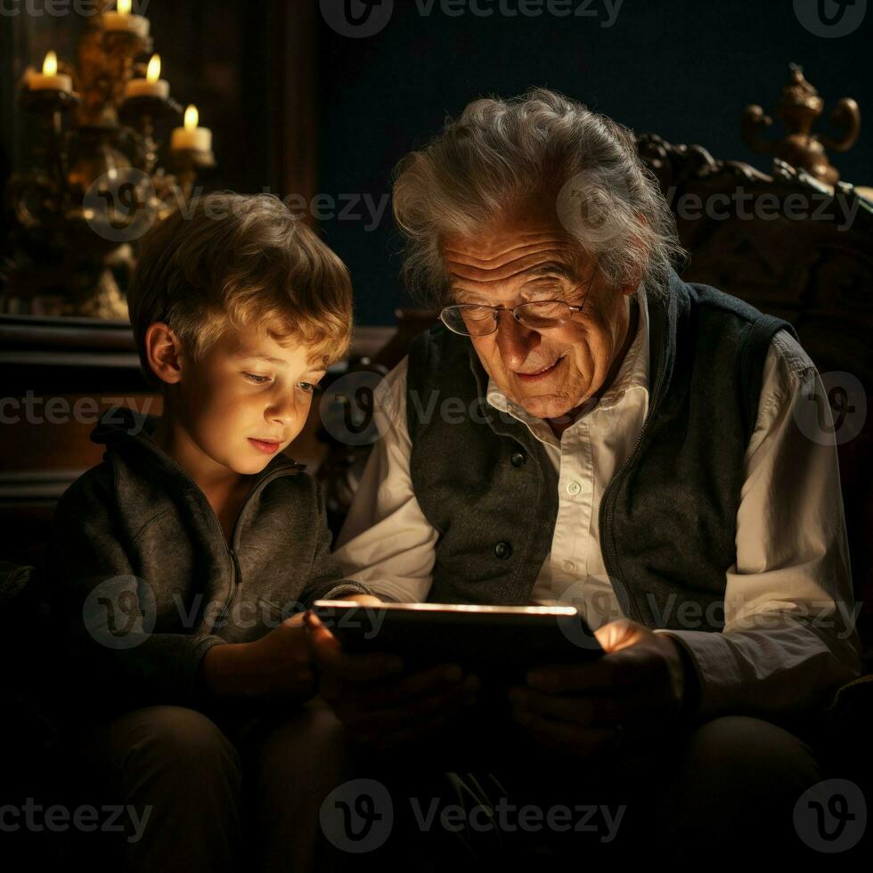 AI generated Grandfather and grandson on the sofa use a tablet to view photos. photo