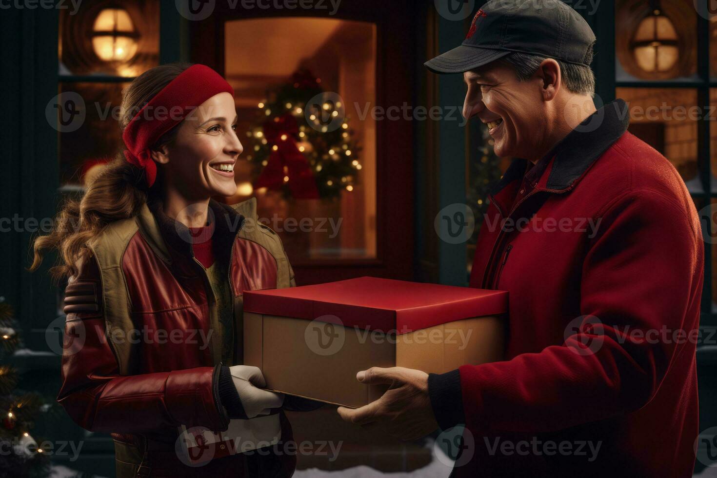AI generated A family receiving a holiday delivery at their doorstep, with the delivery person , portraying the convenience of home deliveries during the season. photo