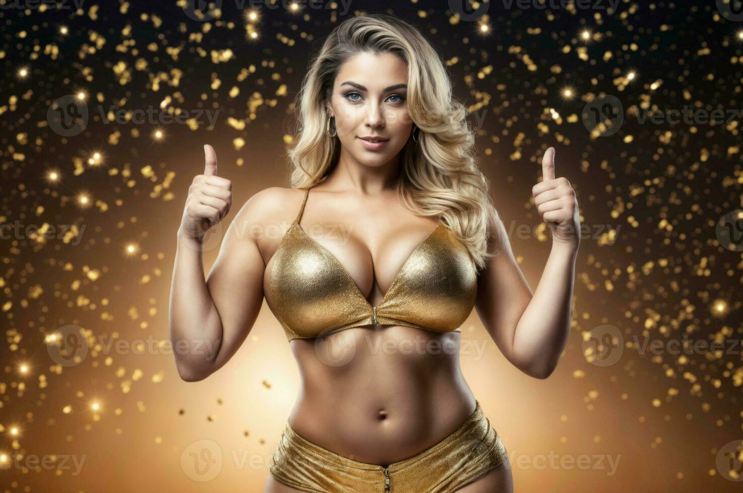 AI generated A blonde woman in a gold bikini stands against a dark background with glittering lights. Her hands are raised, displaying distinct gestures. photo