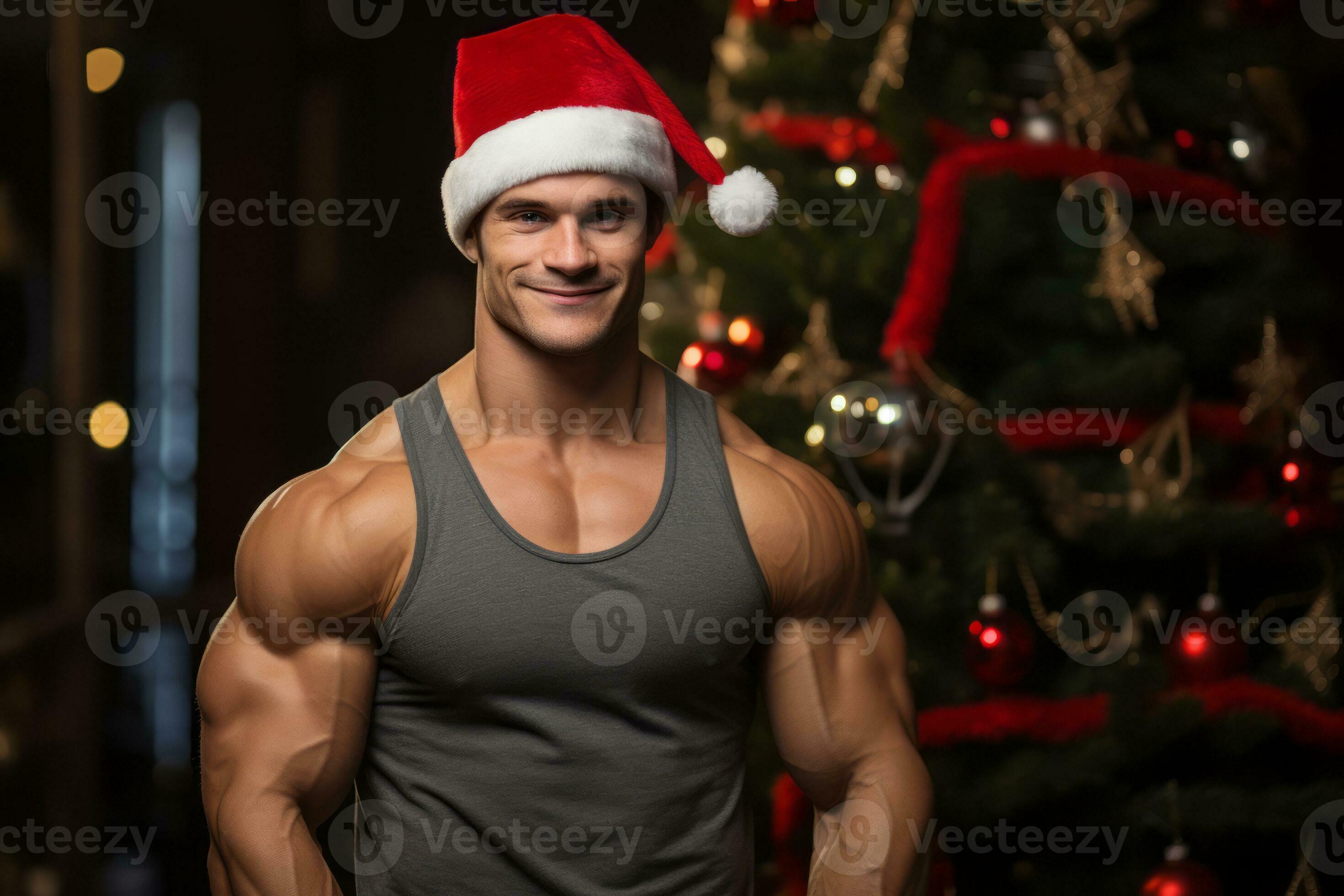 AI generated A muscular bodybuilder in a Santa hat, confidently posing