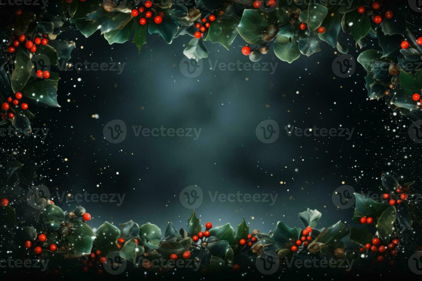 AI generated Vibrant Festive Christmas background with a border of holly leaves, berries, and twinkling lights, centered copyspace for festive greetings or ads photo
