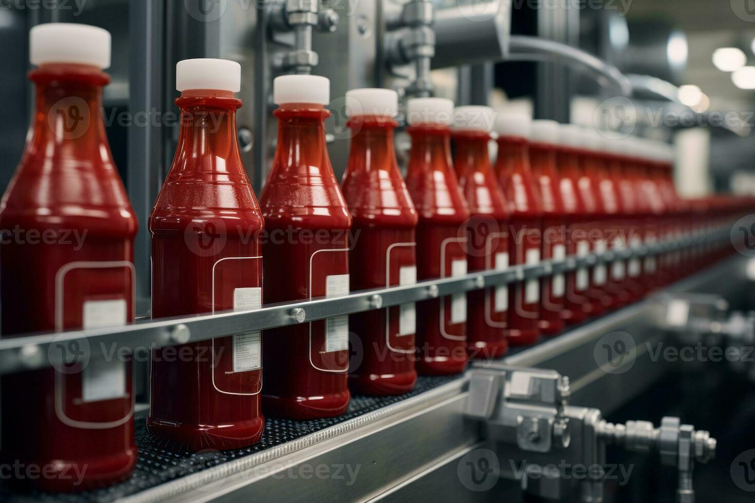 AI generated Efficiency and precision of an automated assembly line filling and packaging ketchup bottles. photo
