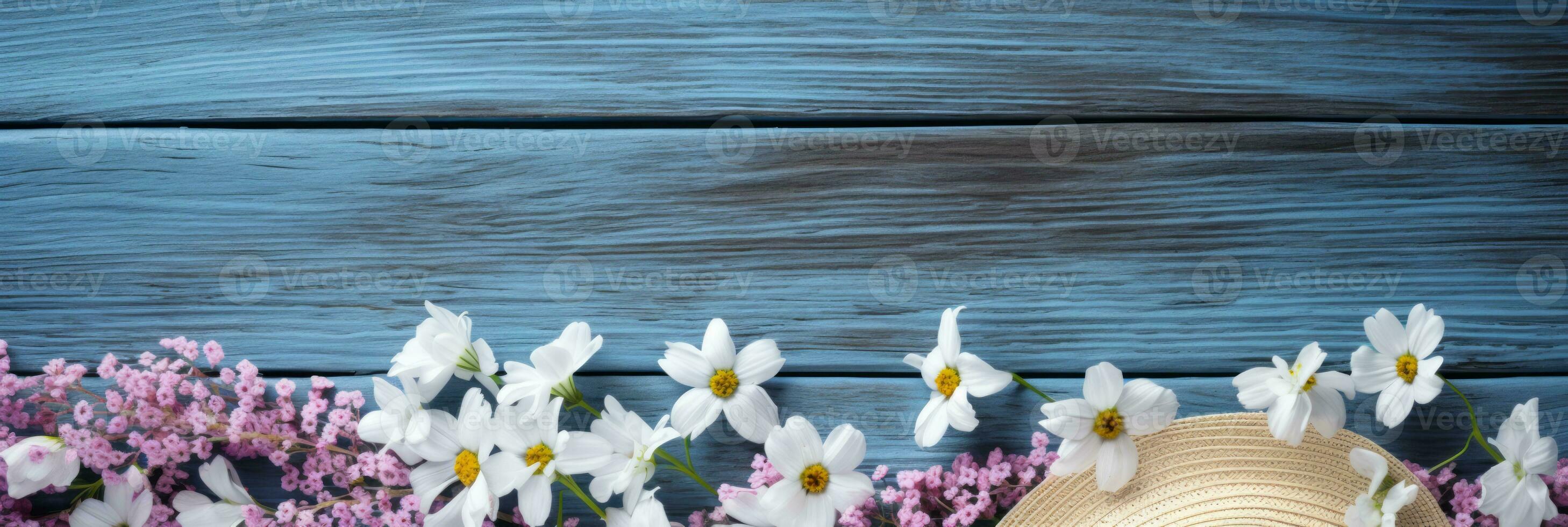 AI generated Spring theme Banner, fucsia and white flowers on a blue wooden board, with empty space for text photo