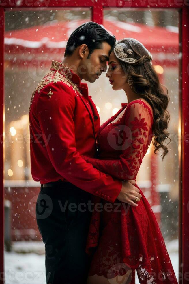 AI generated A passionate couple wearing seductive red lace dress stands playfully in a winter wonderland, adorned with a snow-kissed Santa Claus hat. photo