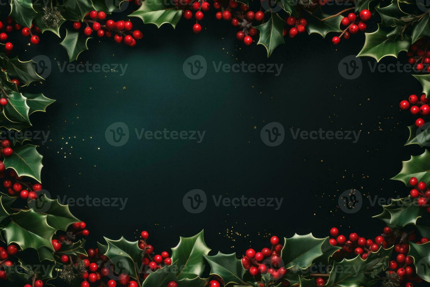 AI generated Vibrant Festive Christmas background with a border of holly leaves, berries, and twinkling lights, centered copyspace for festive greetings or ads photo