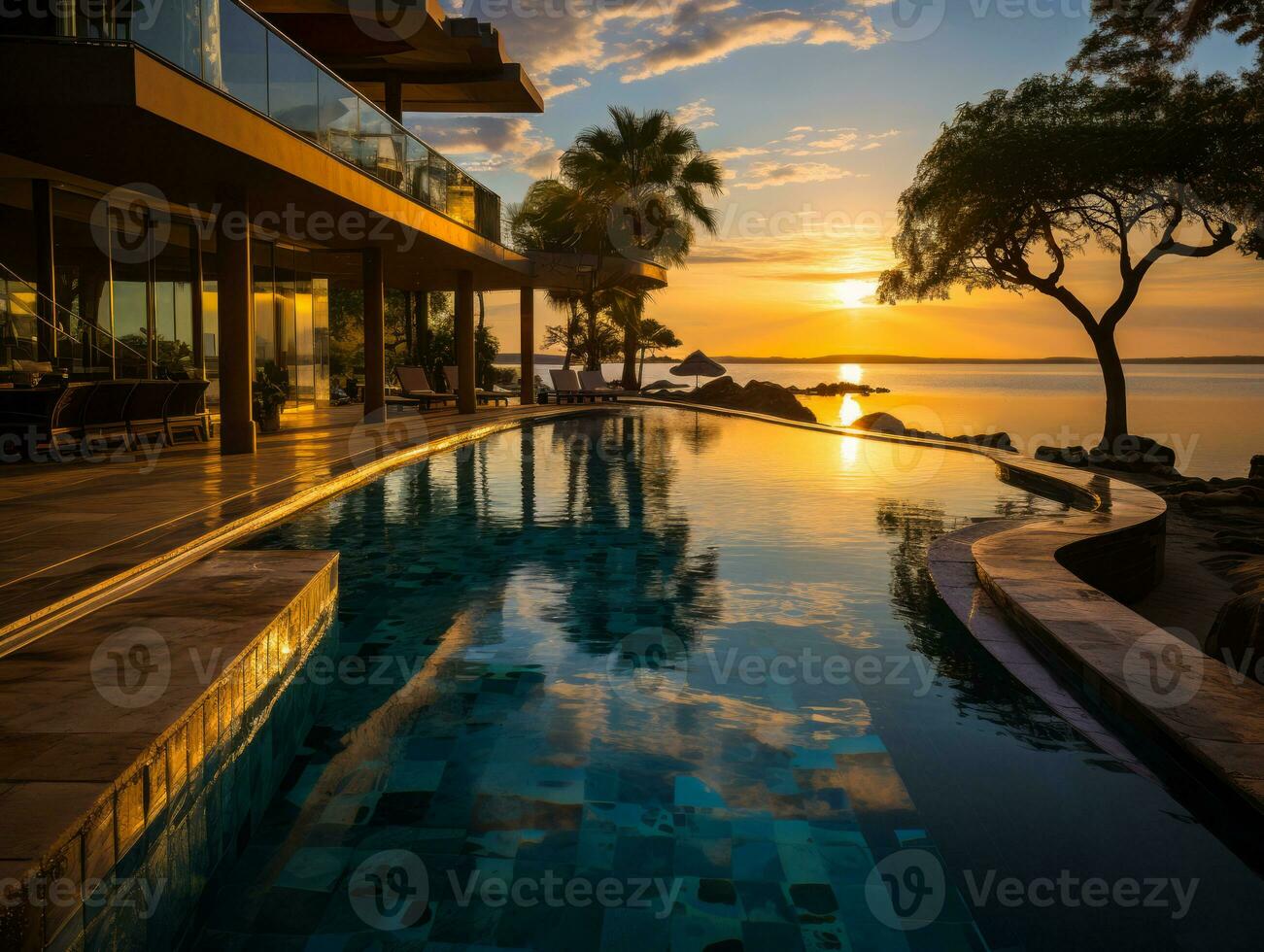 AI generated Luxurious infinity pool at a tropical resort, capturing the seamless blend of the pool's edge with the ocean horizon, tranquil and mesmerizing photo