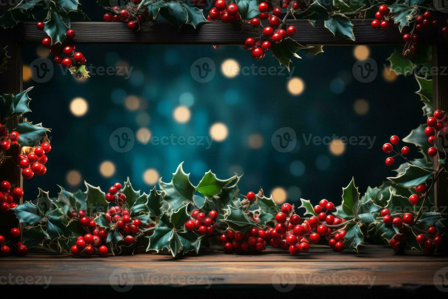 AI generated Vibrant Festive Christmas background with a border of holly leaves, berries, and twinkling lights, centered copyspace for festive greetings or ads photo
