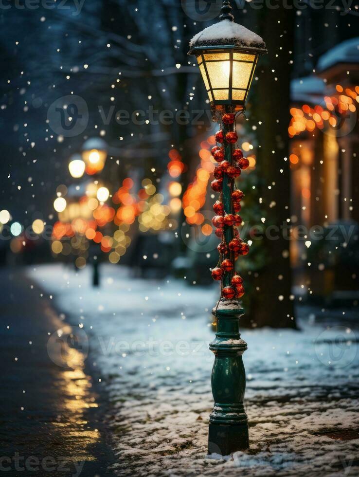 AI generated Festive street lamp wrapped in green and red Christmas lights, snowflakes falling, quaint town setting, photo