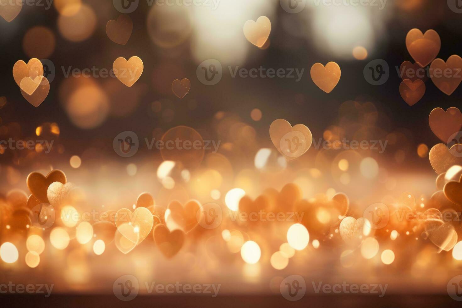AI generated Valentine's Day background theme. A dreamy background image of heart-shaped bokeh lights in warm tones. The lights create a soft atmosphere. photo