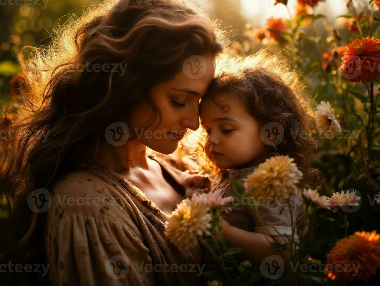 AI generated Tender mom lovingly holding her baby outdoors , surrounded by blooming flowers and a warm sunset glow photo
