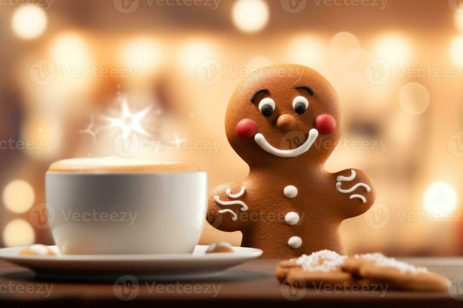 AI generated A smiling gingerbread man beside a steaming cup of hot cocoa with marshmallows. The background includes a cozy, festive kitchen scene, emphasizing the warmth of the holiday season. photo