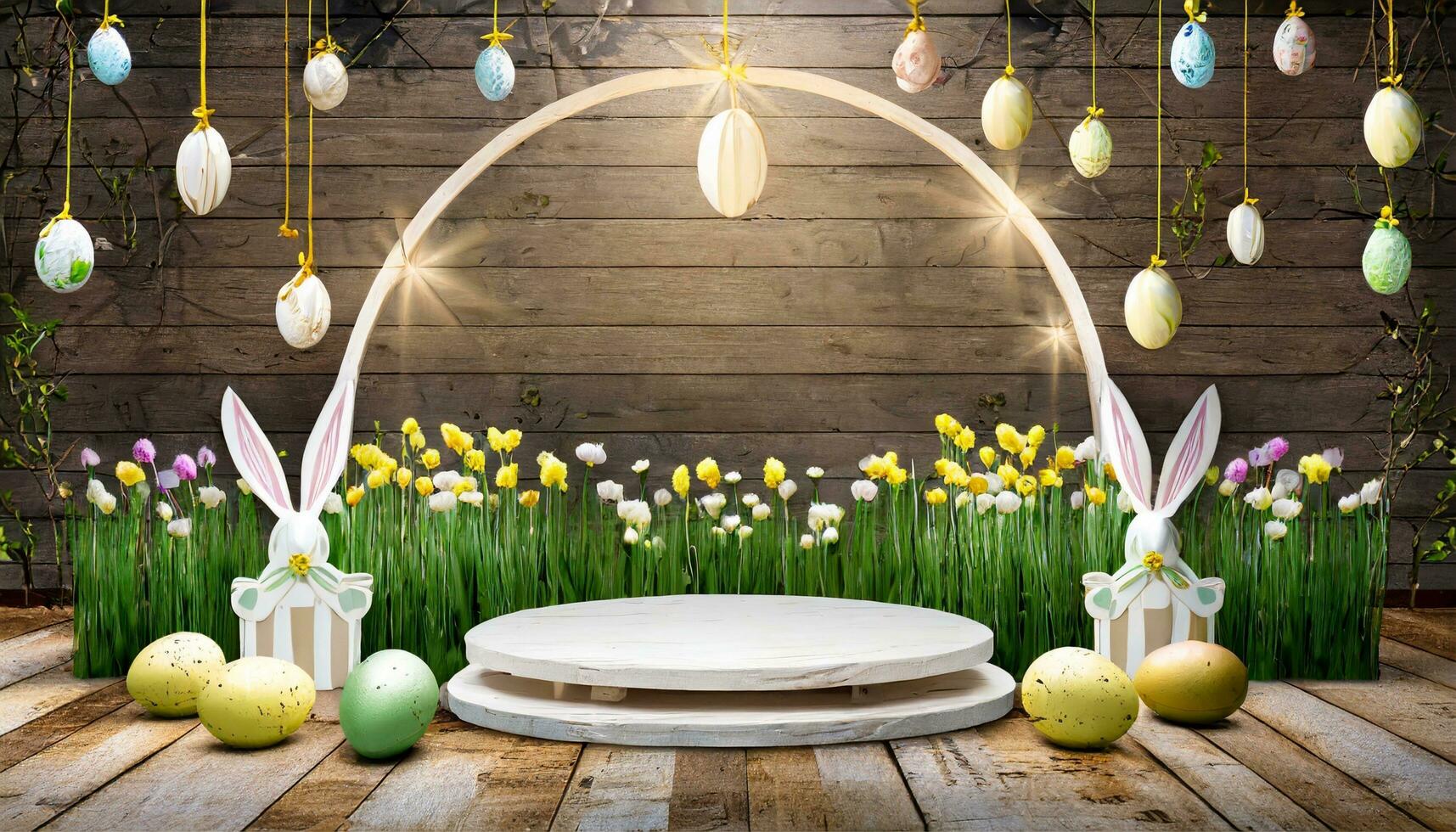 AI generated Easter background with round podium and easter ornaments photo