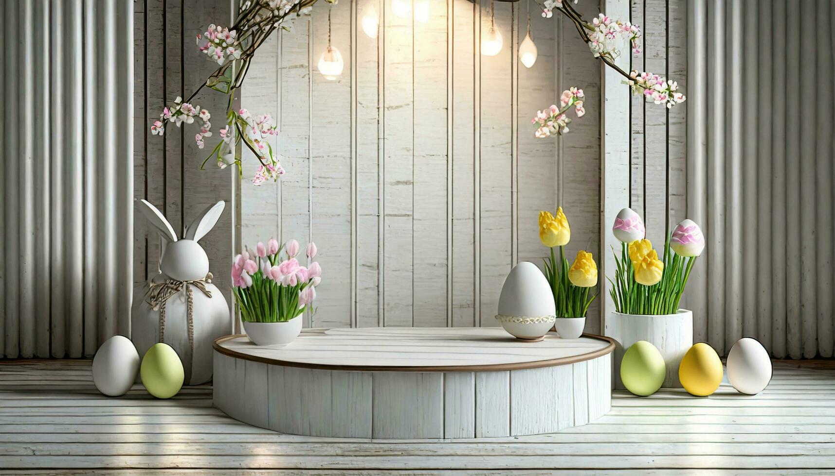 AI generated Easter background with round podium and easter ornaments photo