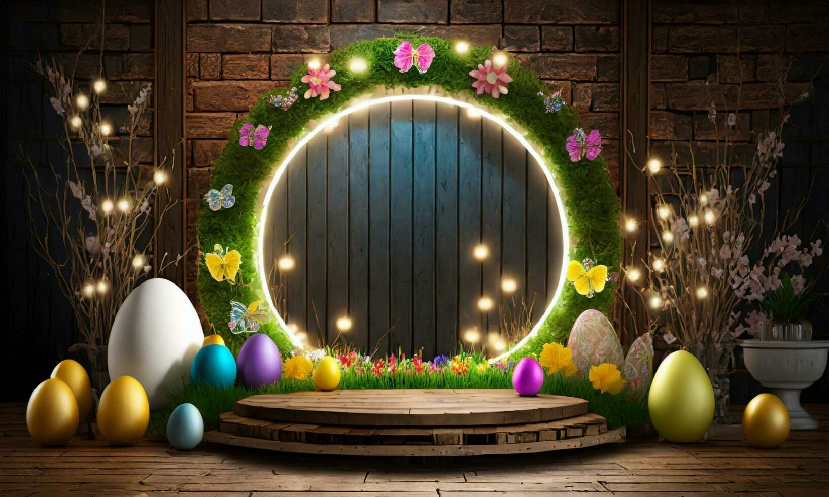 AI generated Easter background with round podium and easter ornaments photo
