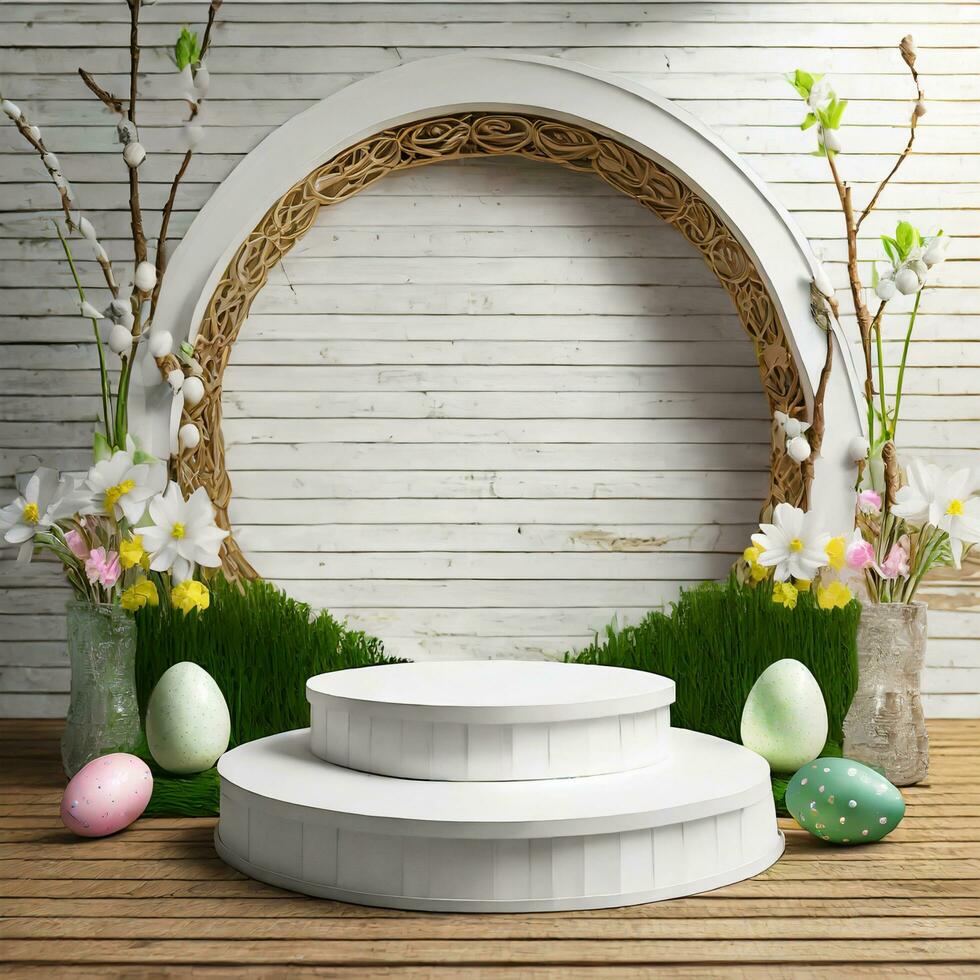 AI generated Easter background with round podium and easter ornaments photo