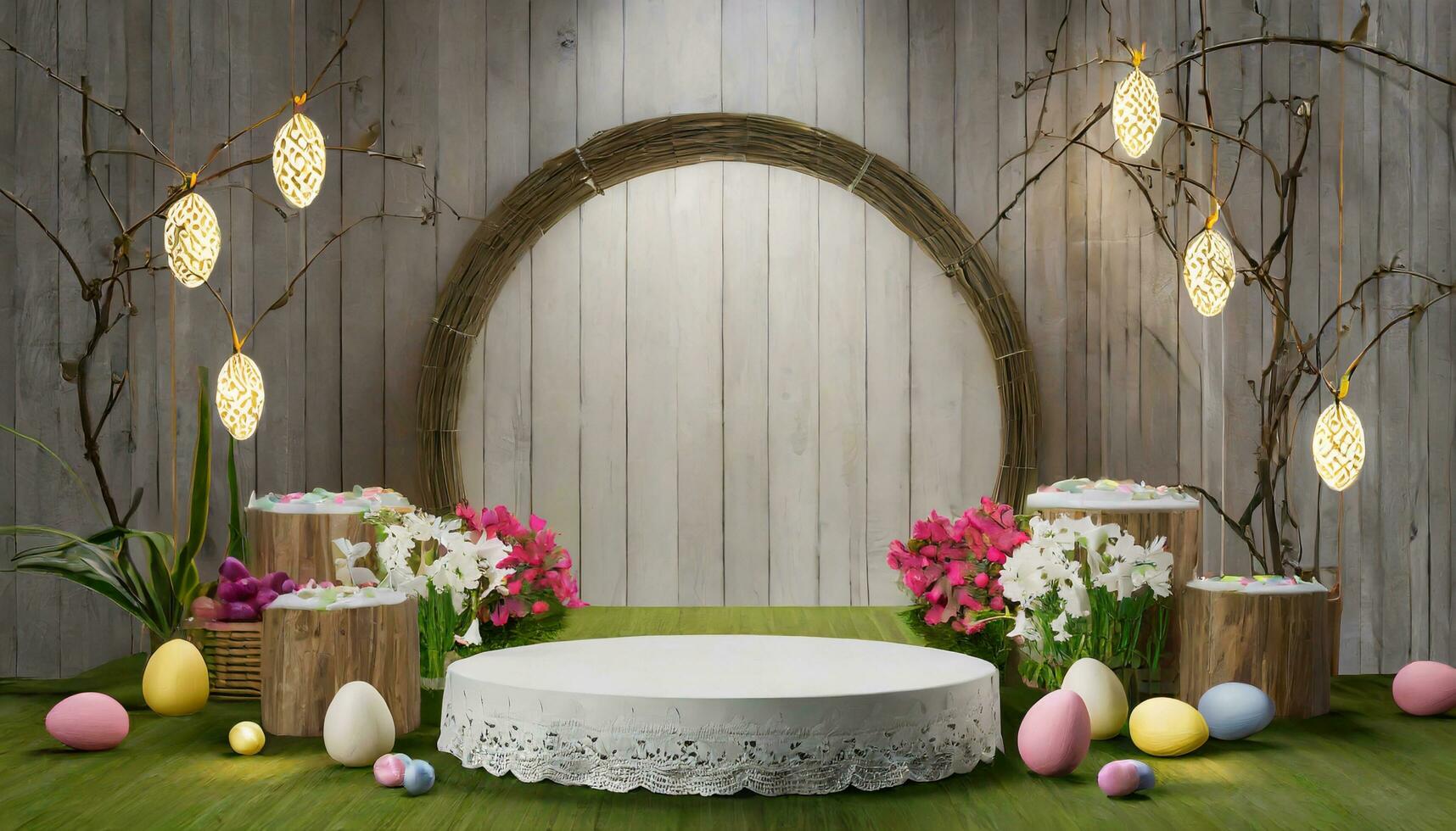 AI generated Easter background with round podium and easter ornaments photo