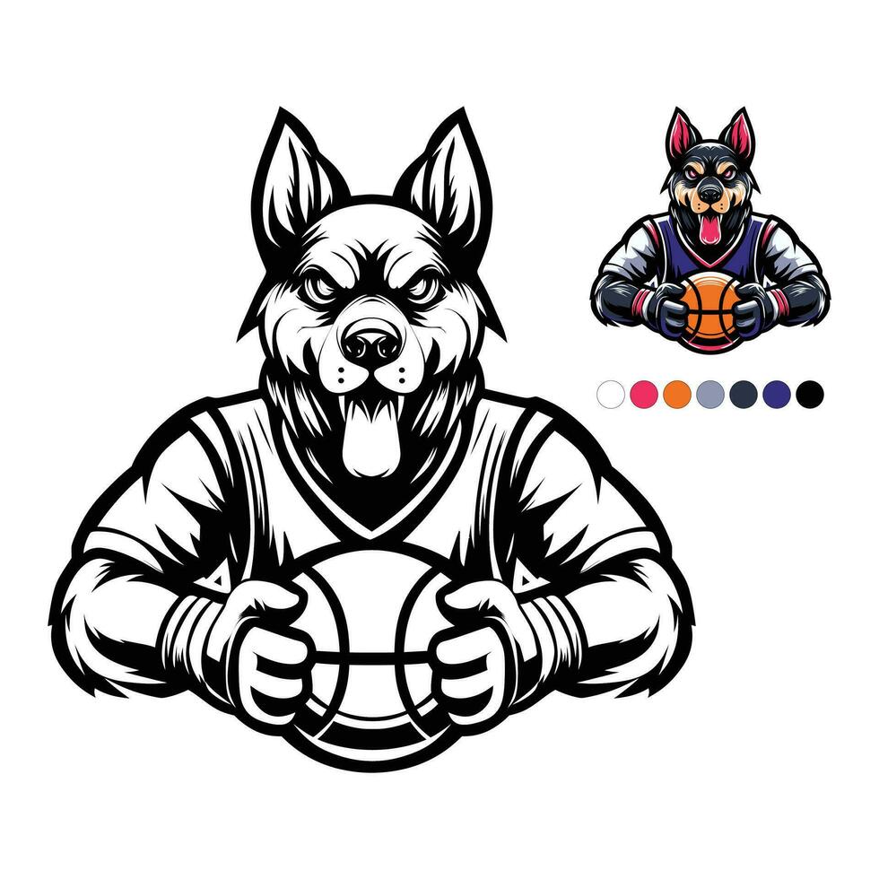 dog holding basketball coloring page outline vector