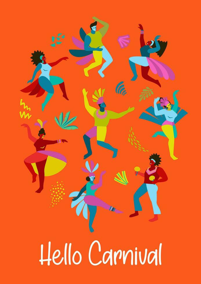 Template with abstract men and women in bright costumes. Brazil carnival. Vector design for carnival concept and other use