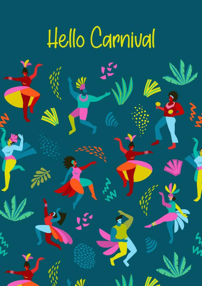 Template with abstract men and women in bright costumes. Brazil carnival. Vector design for carnival concept and other use