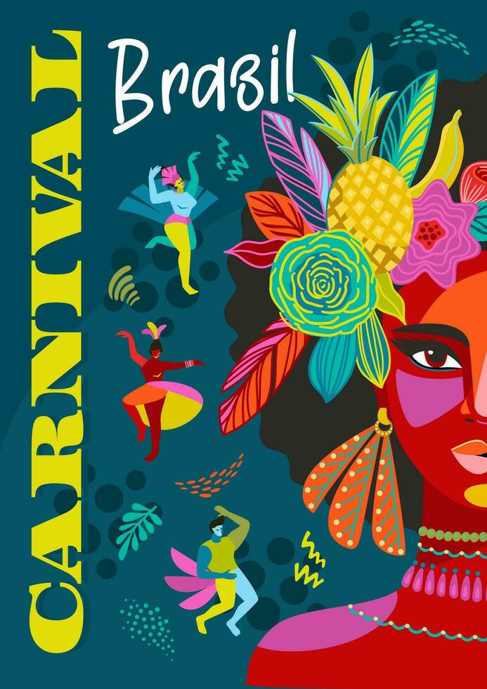 Poster with portrait of woman in brazil carnival outfit. Vector abstract illustration. Design for carnival concept and other use