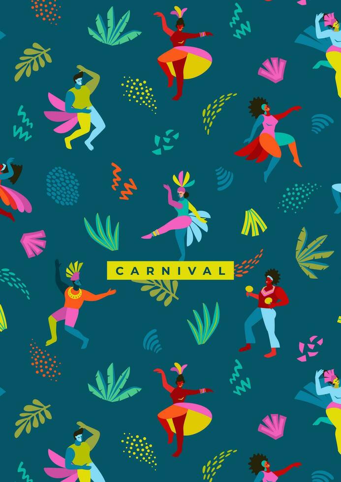 Template with abstract men and women in bright costumes. Brazil carnival. Vector design for carnival concept and other use