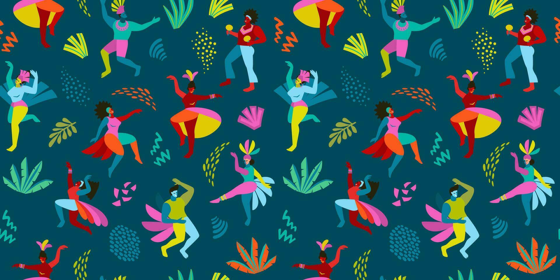 Vector seamless pattern with abstract men and women in bright costumes. Brazil carnival. Design templates for carnival concept and other use